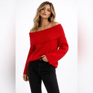 Red Off-the-Shoulder Foldover Knit Sweater – Long Sleeves